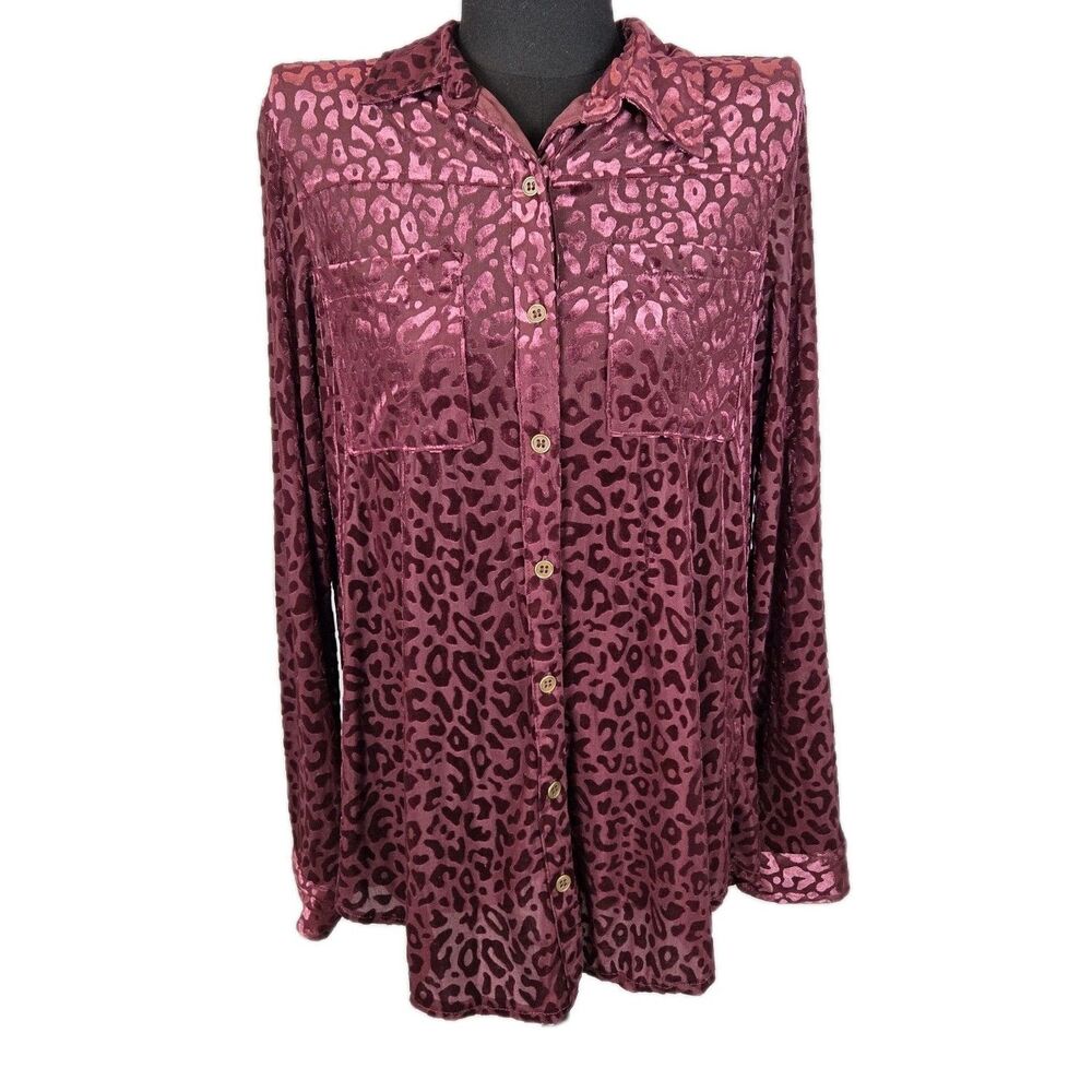 Umgee Velvet Burnout Top Med Button up Leopard Print Long Sleeve Wine Mob Wife
